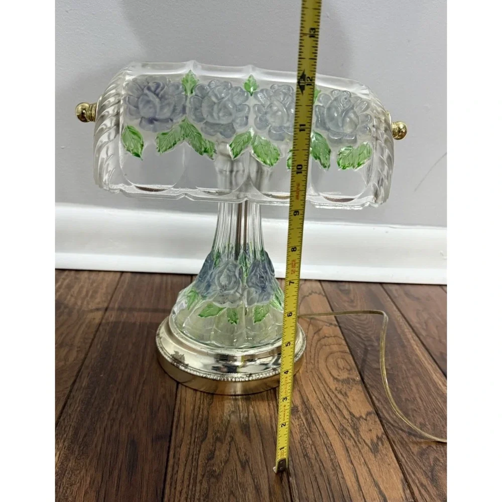 Vintage Anna Hutte Bleikristall Floral Glass Banker's Style Desk‎ Lamp RARE  12